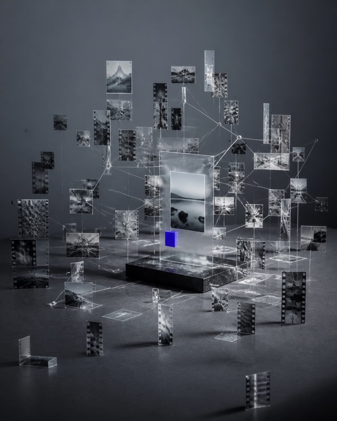A sculptural constellation of connected film frames resolving into an organized archive
