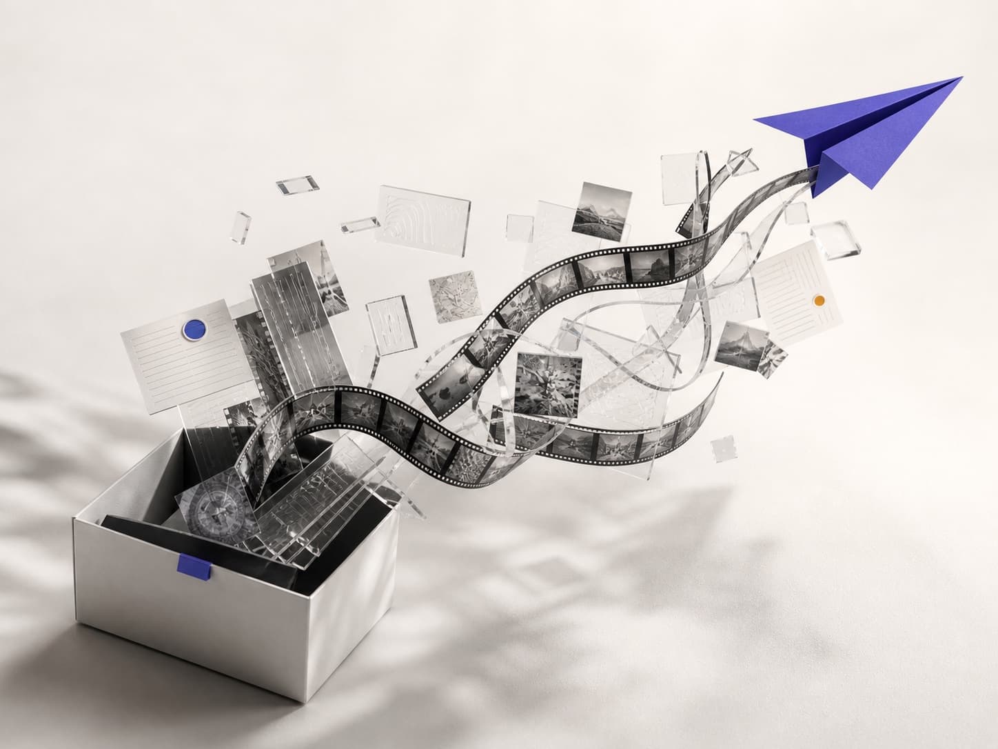 An archive box releasing film, notes, and translucent idea fragments that fold into an indigo paper plane
