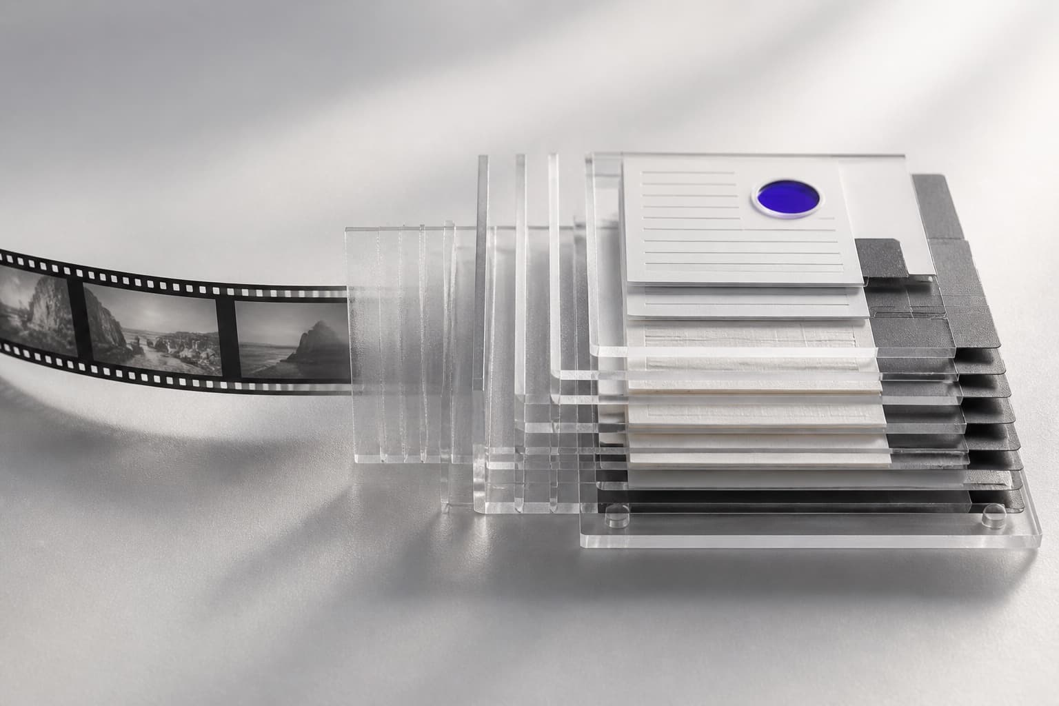 A film strip resolving into organized layers that represent a transcript, summary, and categories